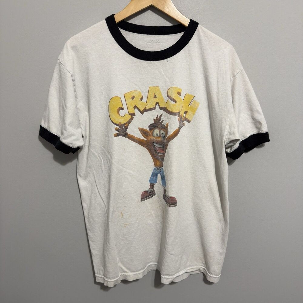 Vintage Crash Bandicoot T-shirt Size Large Video Game Playstation Ringer Flaws